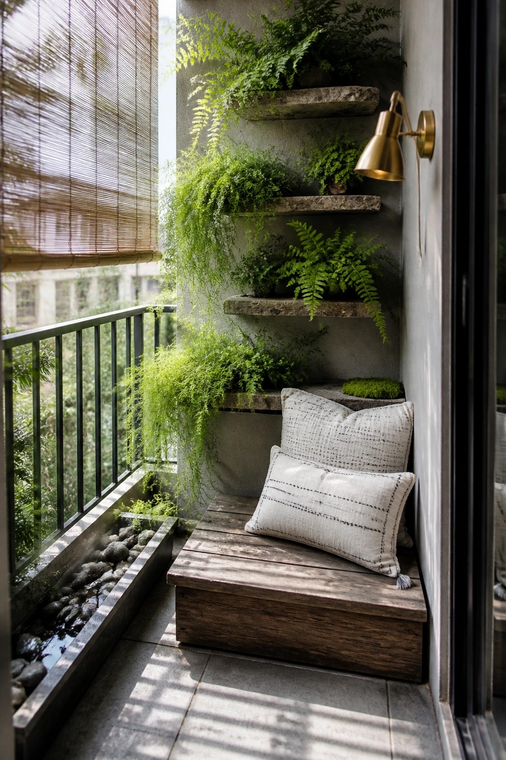 A small balcony features wooden flooring, a built-in bench with two cushions, stone wall shelves holding various green plants, hanging ferns, a brass wall sconce, and a narrow water feature with stones along the railing.