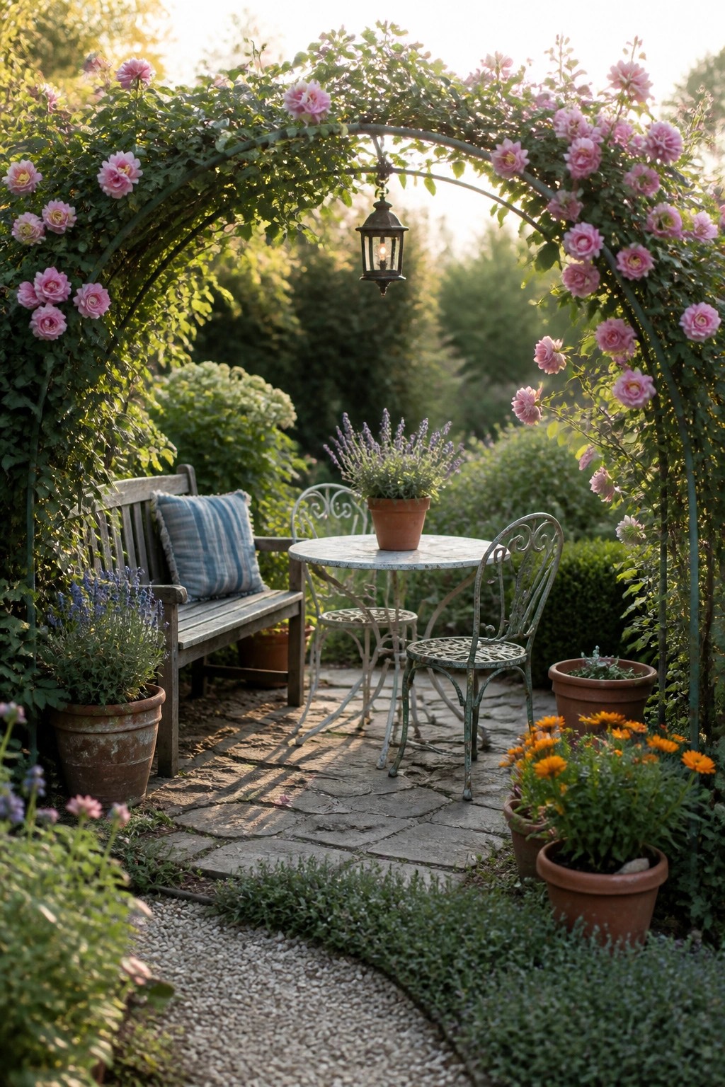A stone patio under a metal arch draped in pink roses, with a round table, two chairs, a wooden bench, and several pots of flowers arranged around the edges.