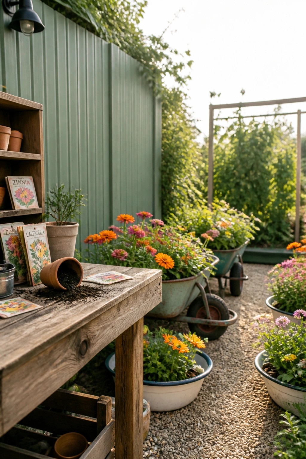 Rustic wooden table with flower seed packets amid colorful potted blooms and wheelbarrows.