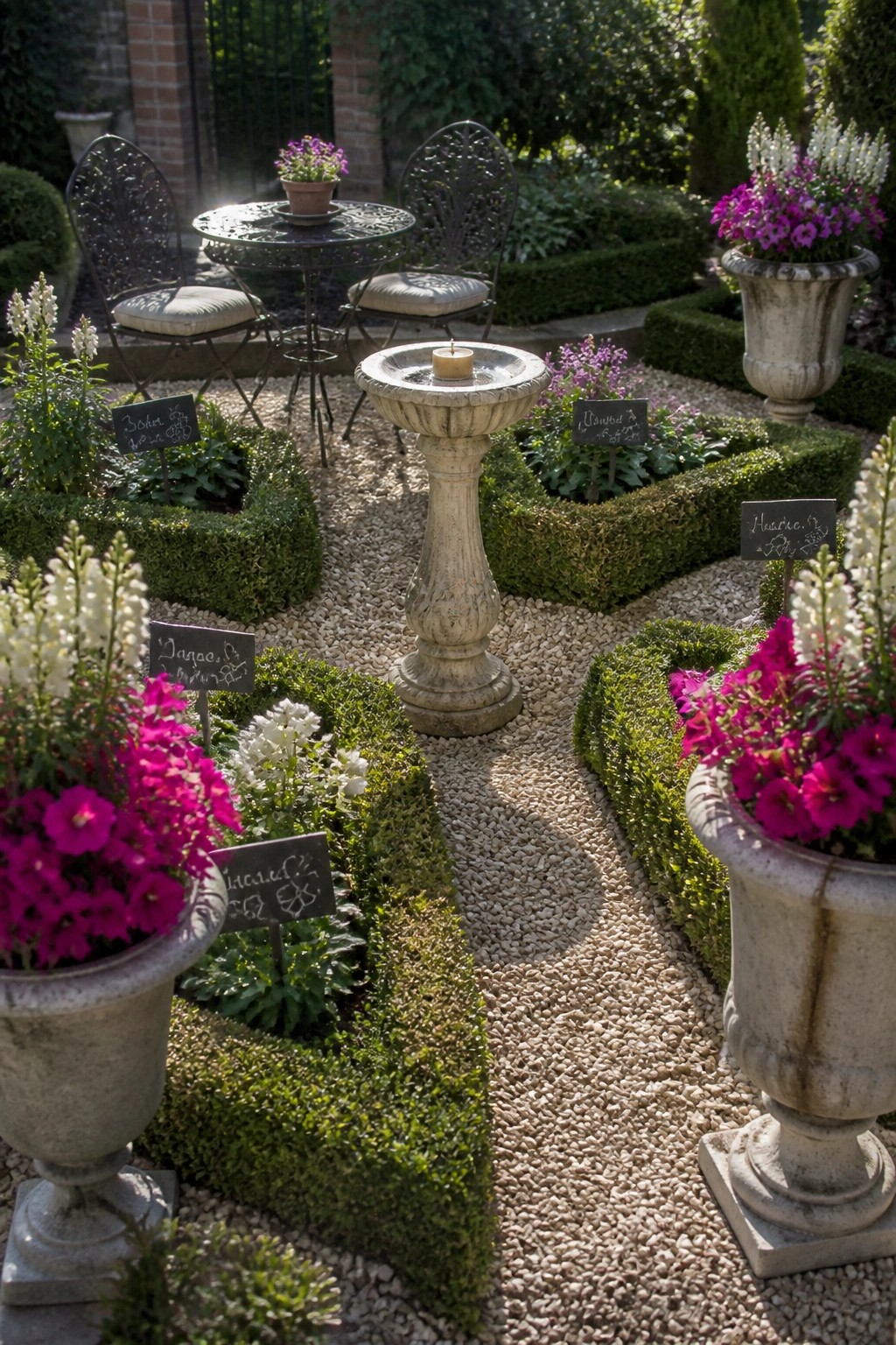 A gravel garden path lined with low boxwood hedges forming shaped beds, potted flowers, a central stone fountain, and a small metal table with chairs in the background.