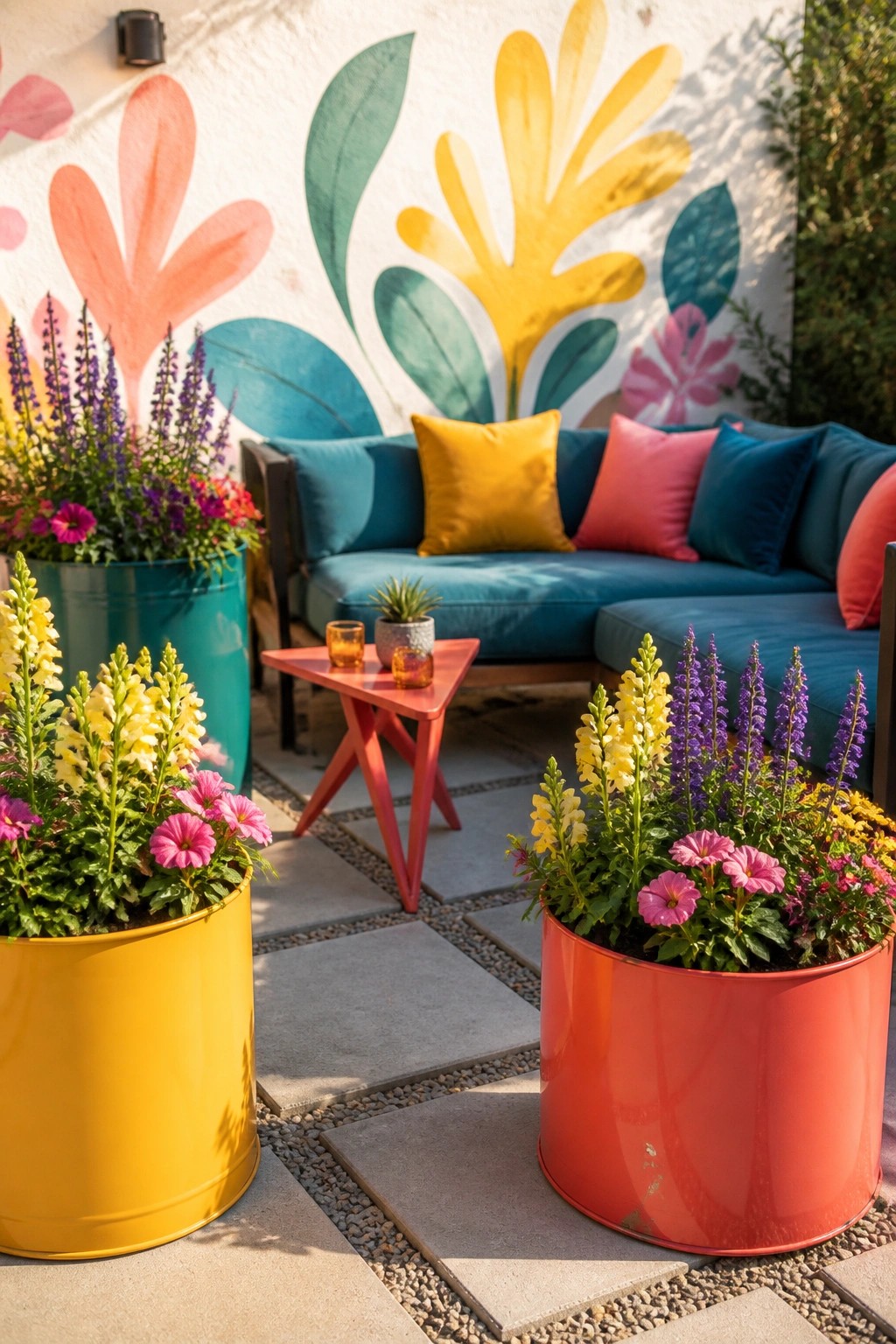 Outdoor patio with blue sectional sofa, colorful pillows, red side table, and large yellow, red, and teal planters filled with mixed flowers on a paved surface.
