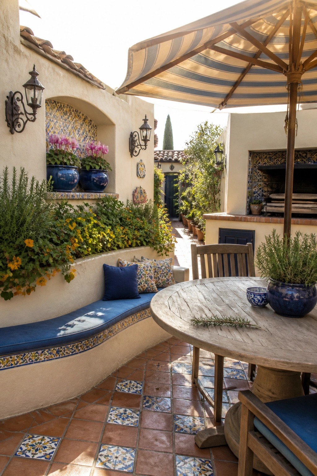 A curved built-in bench with blue cushion sits against a stucco wall on a tiled patio, surrounded by potted flowers, colorful tile accents, and an outdoor dining table with umbrella.