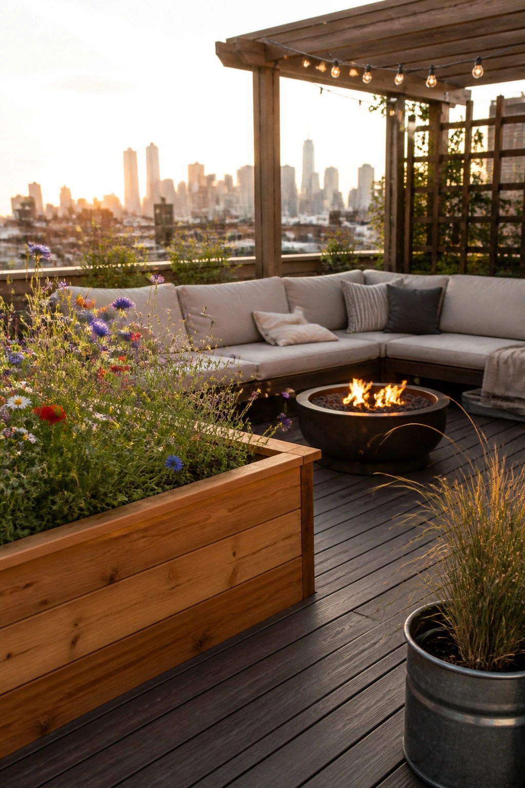 A rooftop deck with a large wooden planter box of colorful flowers, a curved sectional sofa, a fire pit, and a city skyline view at sunset.