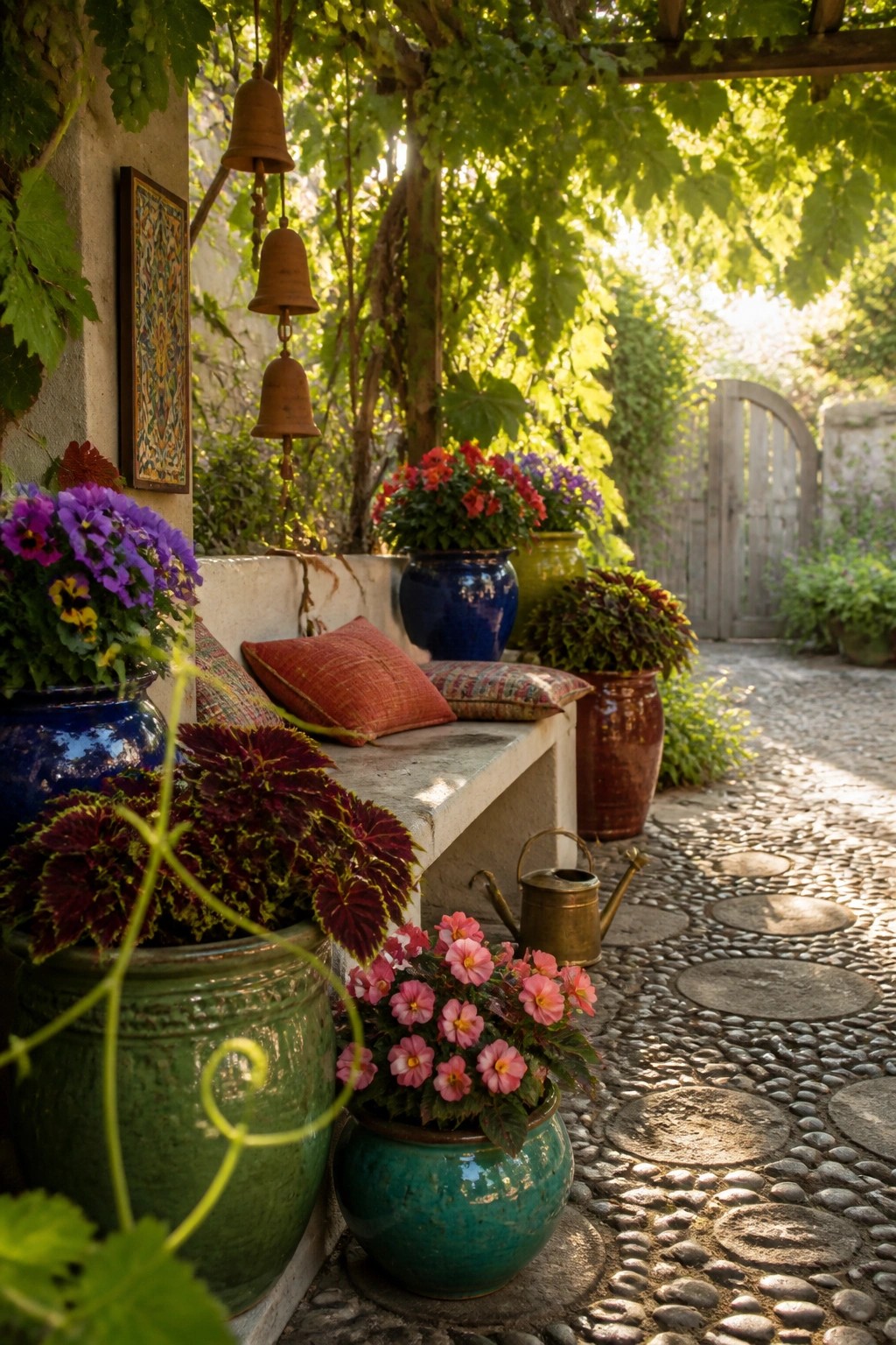 A stone bench on a cobblestone path is lined with large ceramic pots of colorful flowers under a vine-covered pergola.