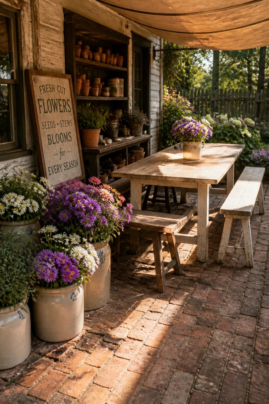 Rustic wooden table with benches, potted flowers, and vintage sign on brick patio