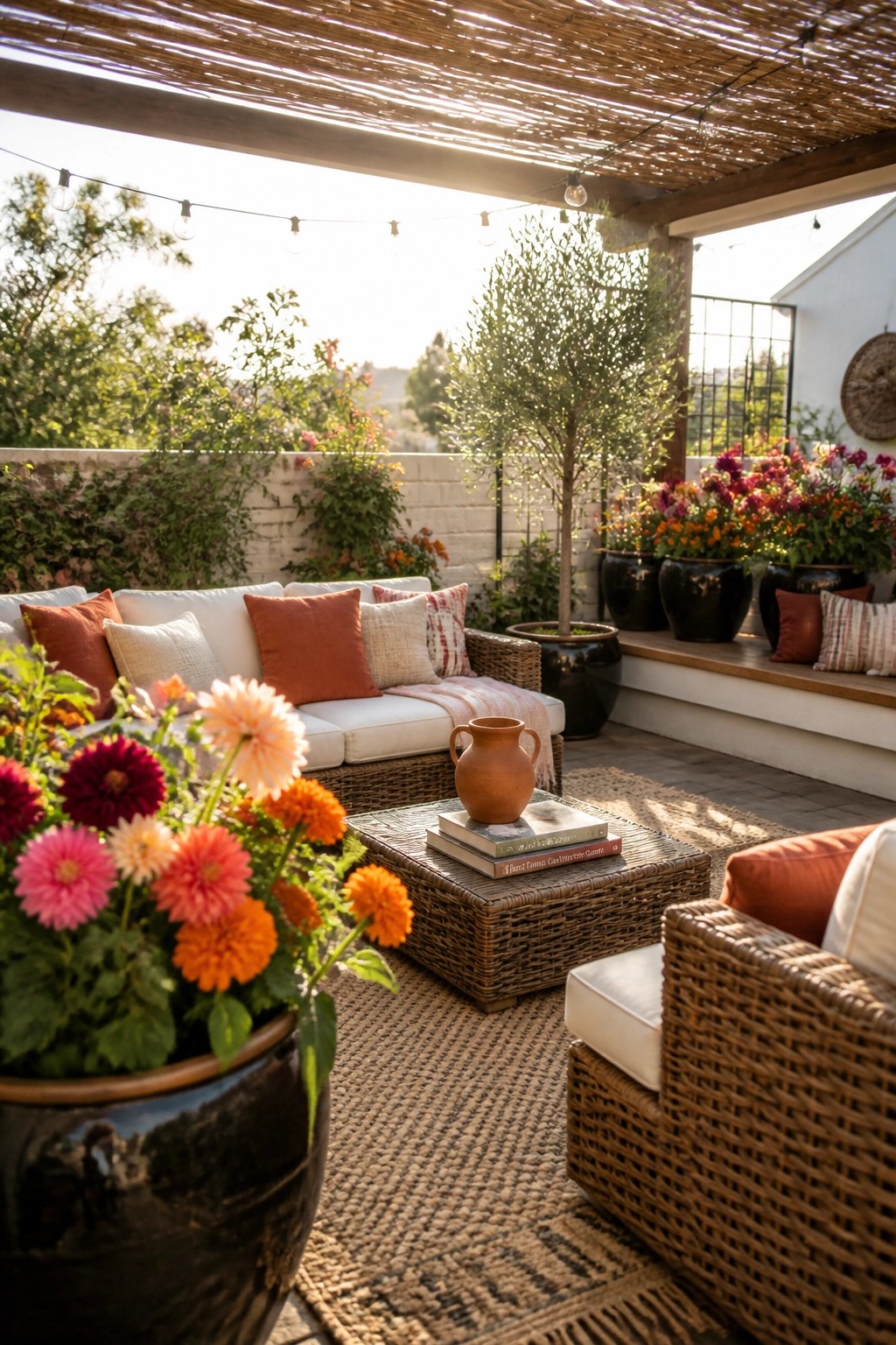 An outdoor patio with wicker seating, white and rust cushions, a woven coffee table holding books and a terracotta vase, and multiple large pots of colorful flowers under a pergola with string lights.
