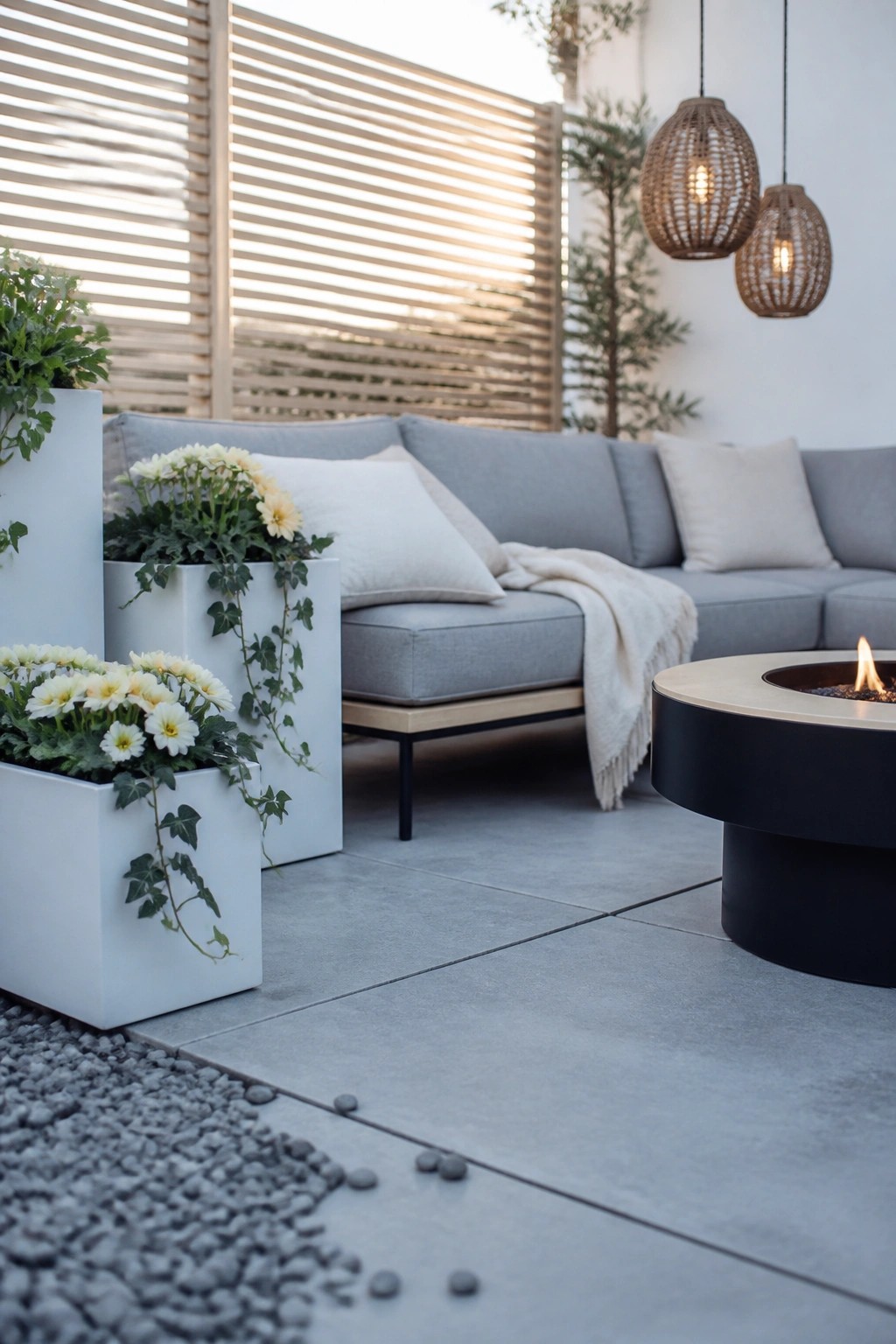 A modern outdoor patio features a gray sectional sofa, a round fire pit, and multiple white square planters holding yellow and white flowers beside a gravel border.