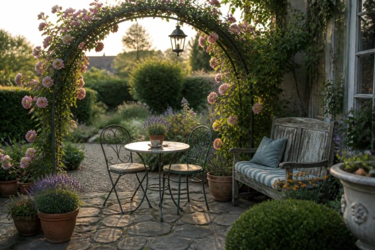 23 Colorful Patio Flower Garden Ideas That Add Seasonal Blooms and Instant Charm A stone patio under a metal arch draped in pink roses, with a round table, two chairs, a wooden bench, and several pots of flowers arranged around the edges.