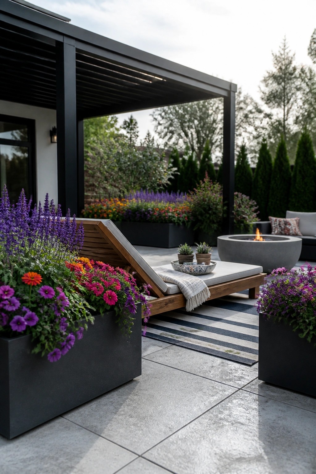 A modern outdoor patio with a wooden lounge chair between two large dark planters overflowing with purple, pink, and orange flowers, next to a round fire pit and striped rug.