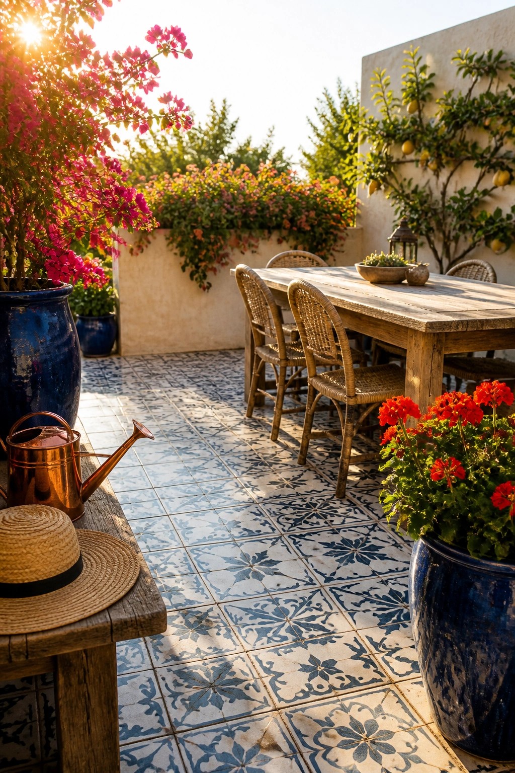 A wooden outdoor dining table with wicker chairs on a blue and white tiled patio, flanked by large blue ceramic pots holding red geraniums and a tall bougainvillea bush.