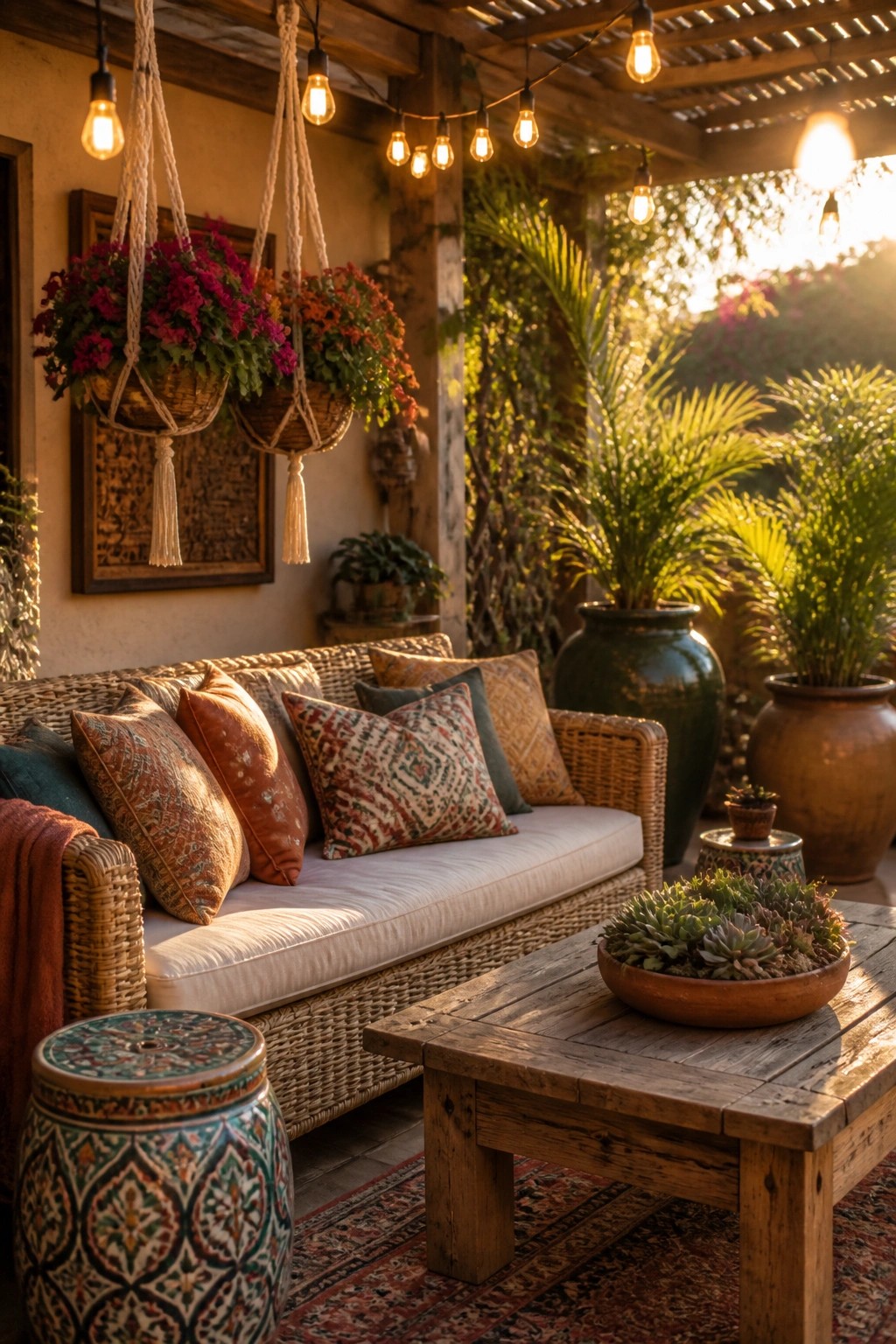 A wicker sofa with patterned cushions sits on a covered patio beside a wooden coffee table, with several hanging baskets of colorful flowers and string lights overhead.