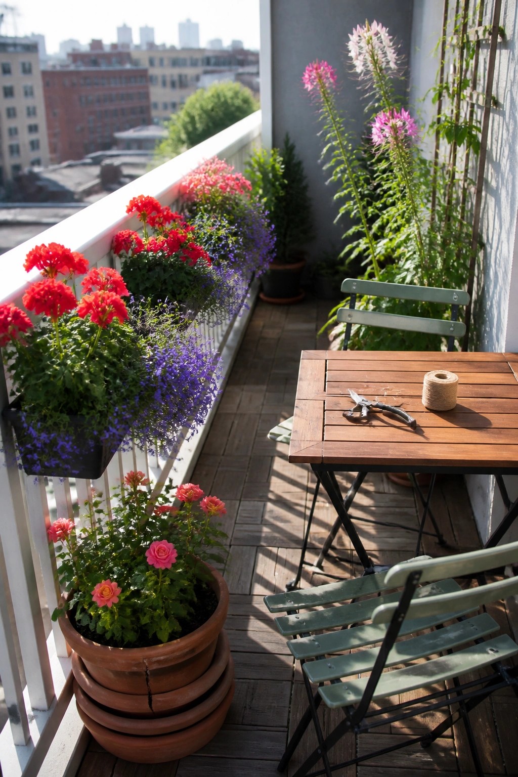 A small wooden balcony features a folding table with green metal chairs, terracotta pots on the floor, and black hanging planters filled with red and purple flowers attached to the white railing.