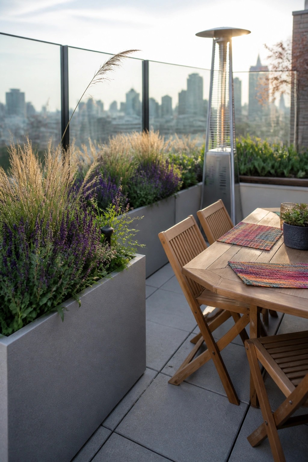 A rooftop patio features a wooden dining table and chairs beside large gray planters filled with purple flowers and tall grasses, overlooking a city skyline.