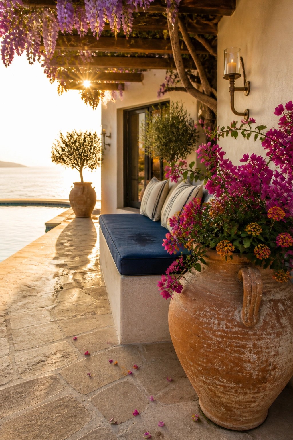 Stone patio with blue bench, blooming terracotta pots, hanging wisteria, and sea view at sunset