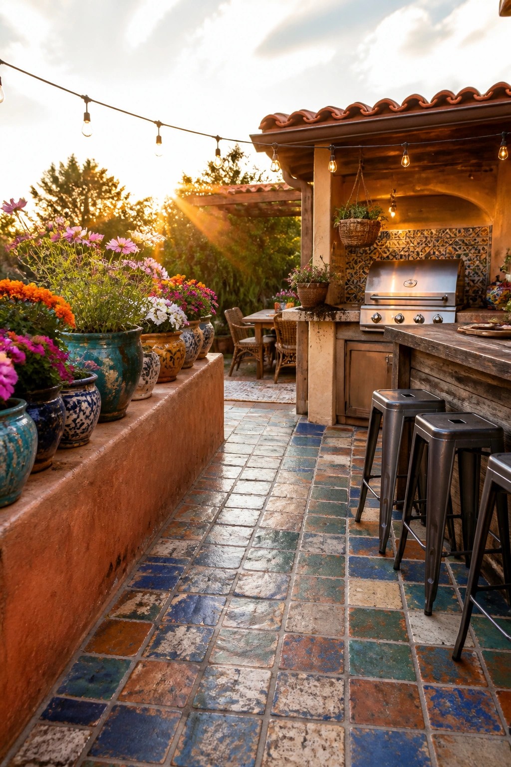 Outdoor kitchen with grill, colorful potted flowers, tiled floor, and string lights at sunset