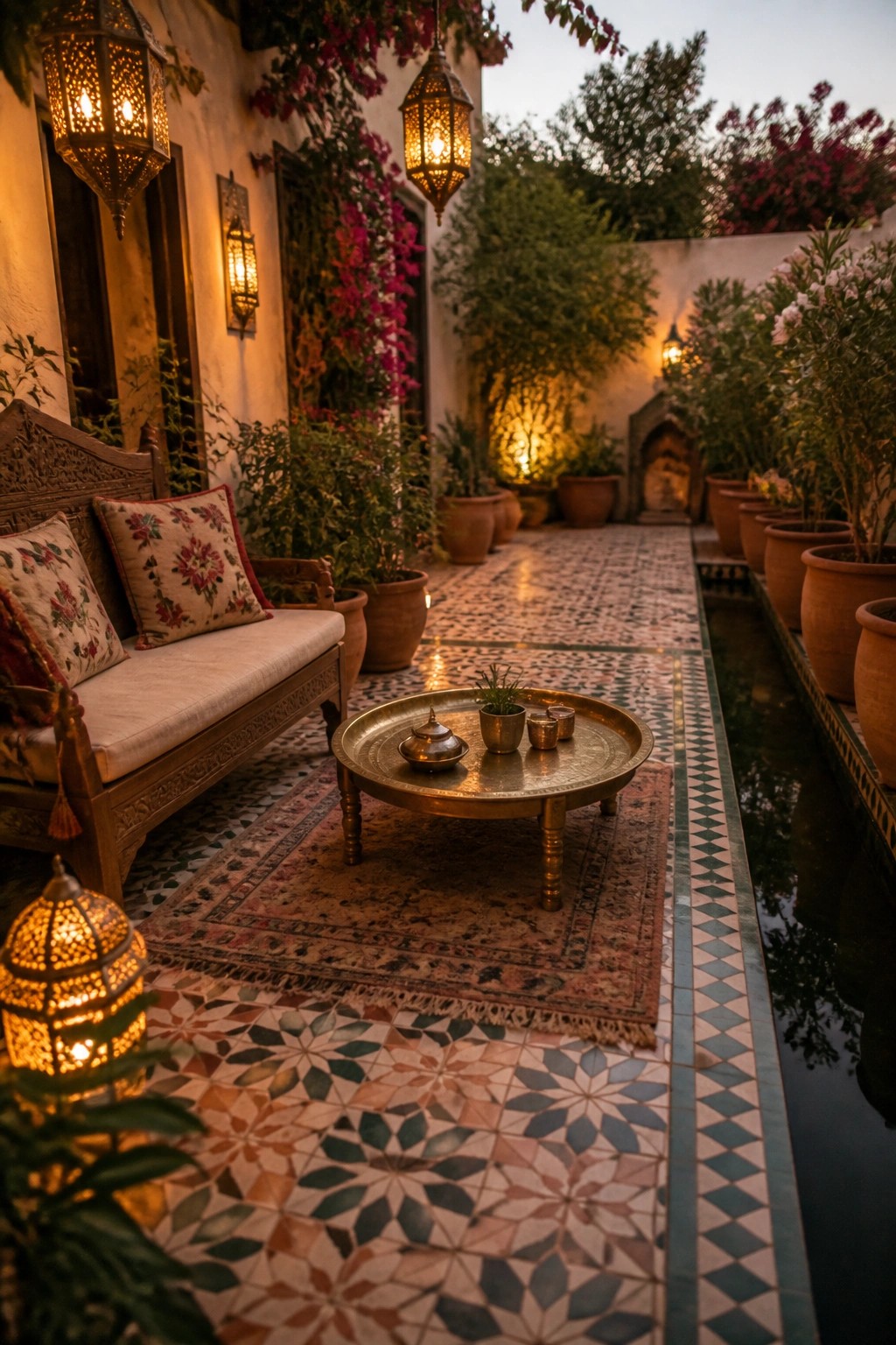 A wooden bench with floral cushions sits beside a round brass tray table on a patterned rug, with rows of terracotta pots filled with flowering plants lining a tiled courtyard path next to a narrow water channel.