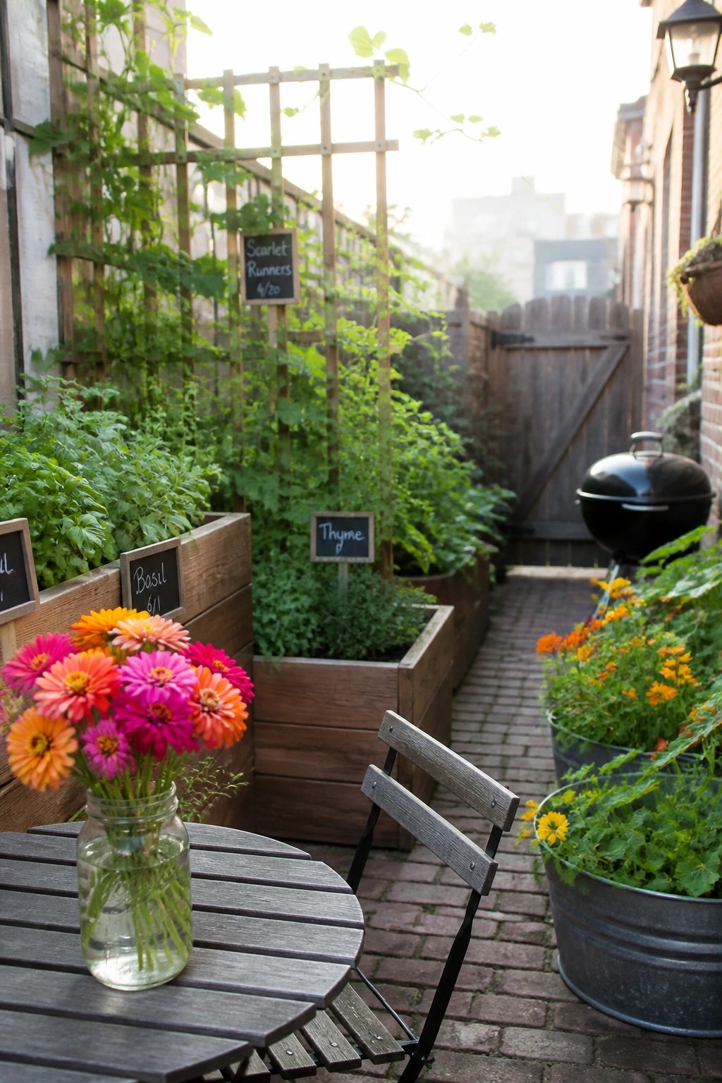Wooden raised planters with herbs and flowers line a brick patio path, with a small table holding a jar of colorful blooms in the foreground.
