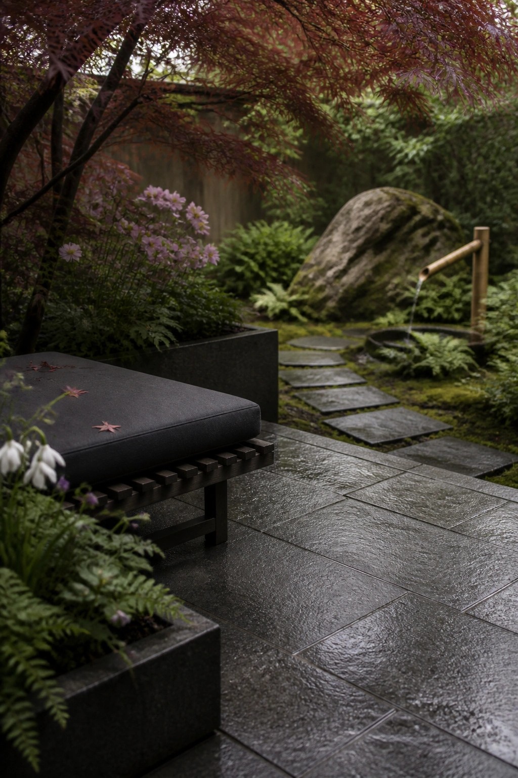 A garden scene with dark stone pavers forming a path beside a dark bench, surrounded by ferns, pink flowers, red-leafed trees, and a bamboo water spout over a stone basin.