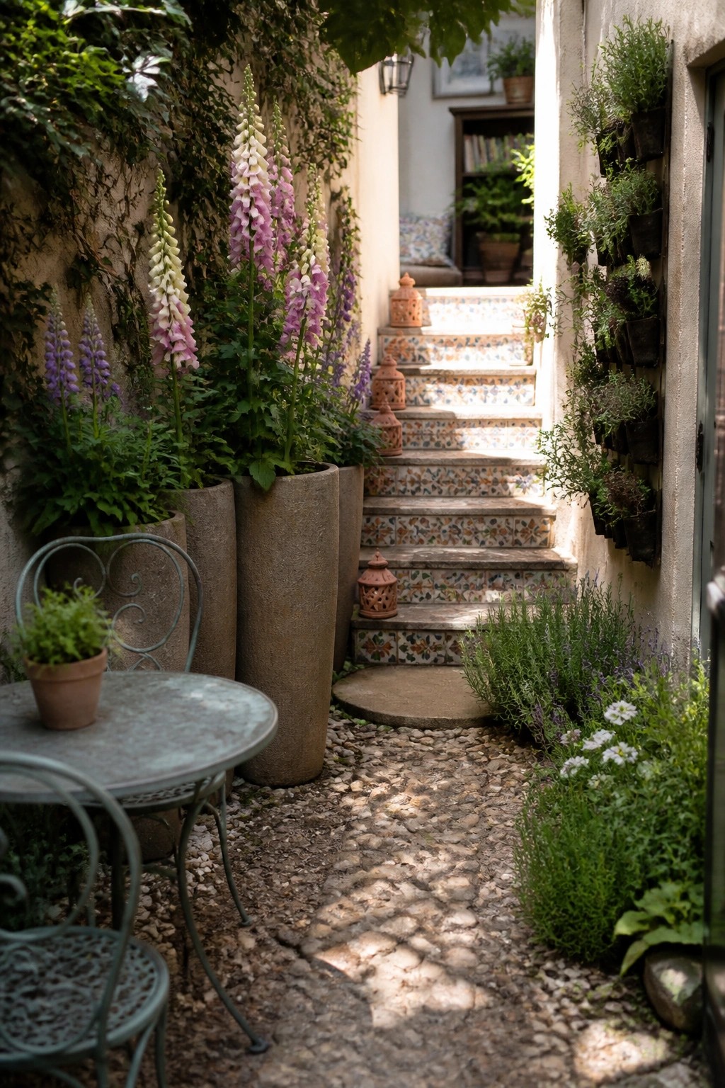 Cobblestone garden path with potted foxgloves leading to colorful tiled stairs.