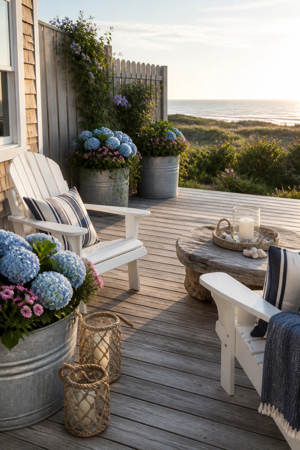 A wooden deck features white Adirondack chairs, blue and pink flowers planted in large galvanized metal pots, and woven lanterns with candles near the railing.