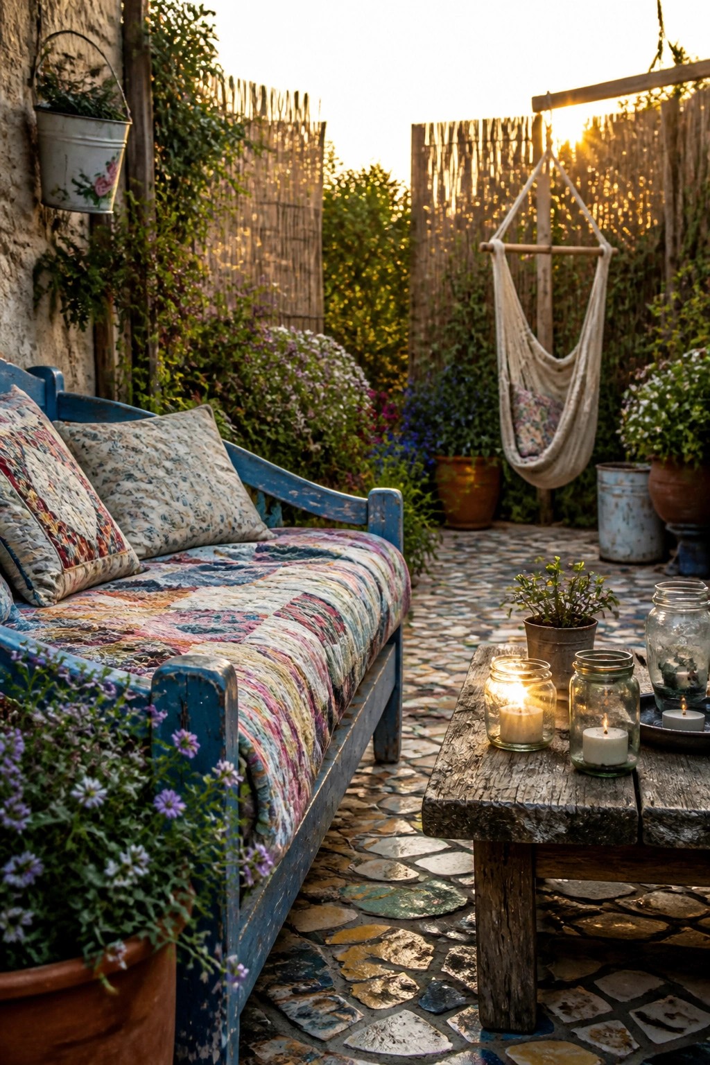 A weathered blue wooden bench with a colorful patchwork quilt and pillows sits on a stone path in a garden courtyard, surrounded by potted plants and flowers with a hanging chair in the background.