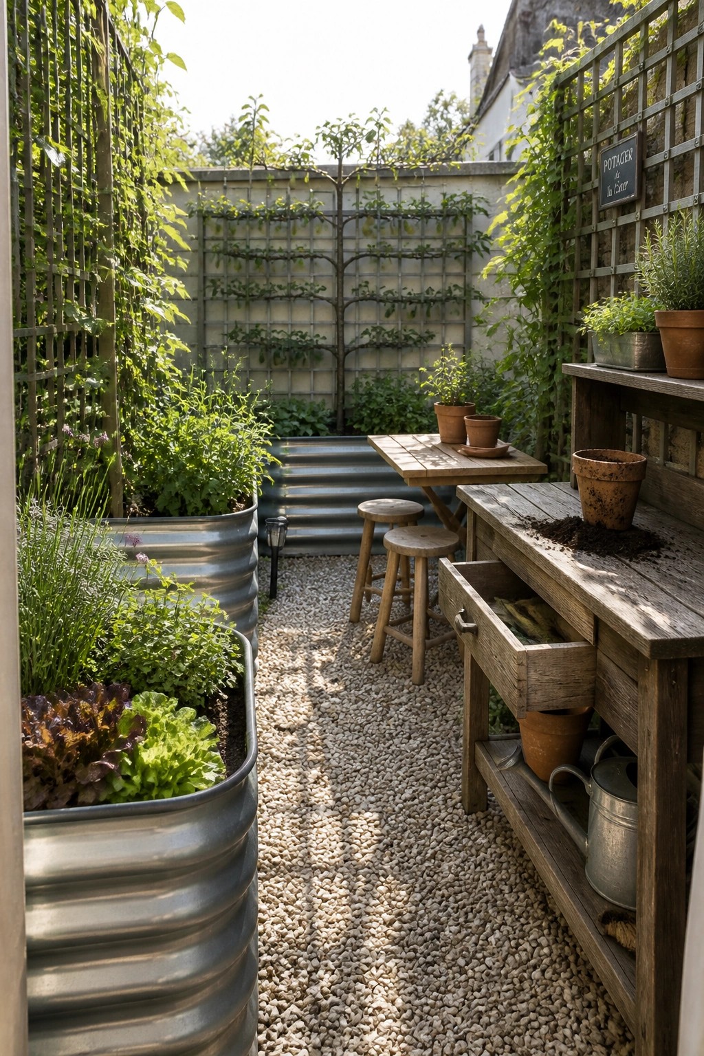 Narrow gravel path in lush garden with metal planters, wooden table, and potting bench.