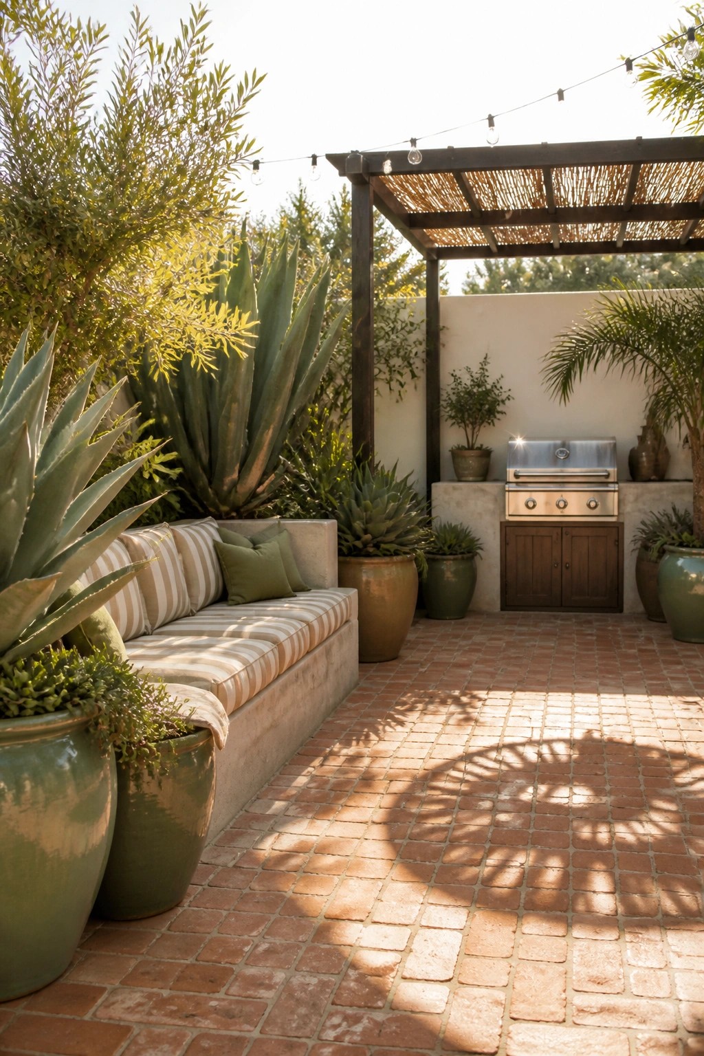 A brick courtyard patio with a built-in bench under a wooden pergola with reed roofing, large potted plants, and a stainless steel grill against a white wall.