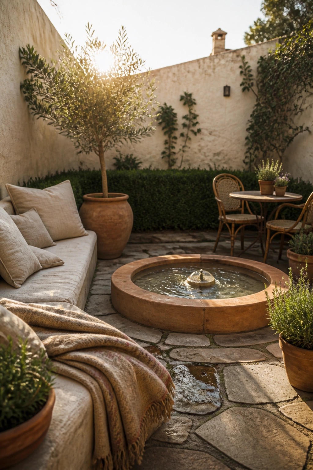 Sunlit stone courtyard with fountain, linen sofa, terracotta pots, and wicker seating.