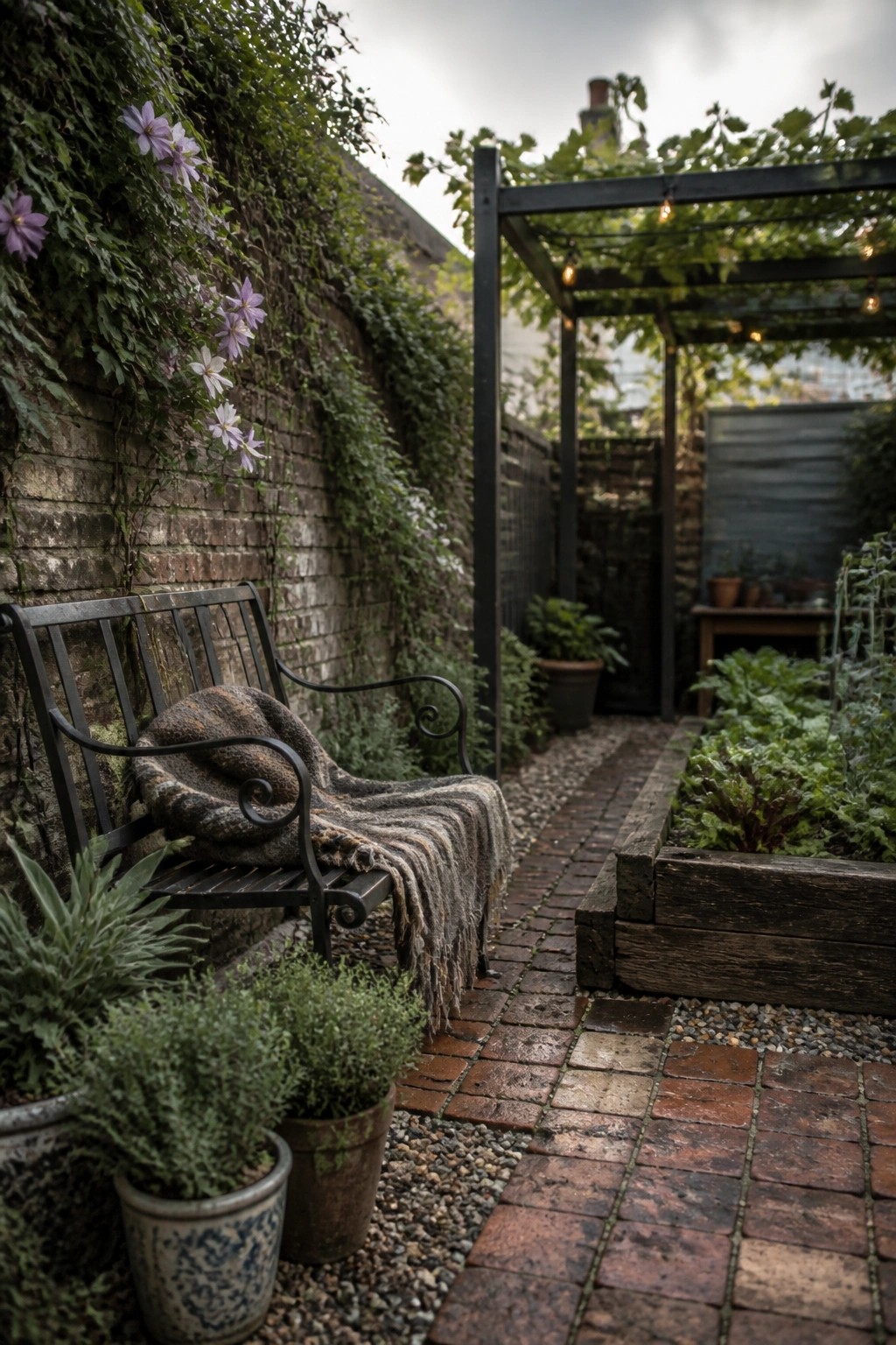 A metal bench with a woven blanket sits against a brick wall covered in green vines and purple flowers, next to a brick pathway and raised garden beds in a small courtyard.