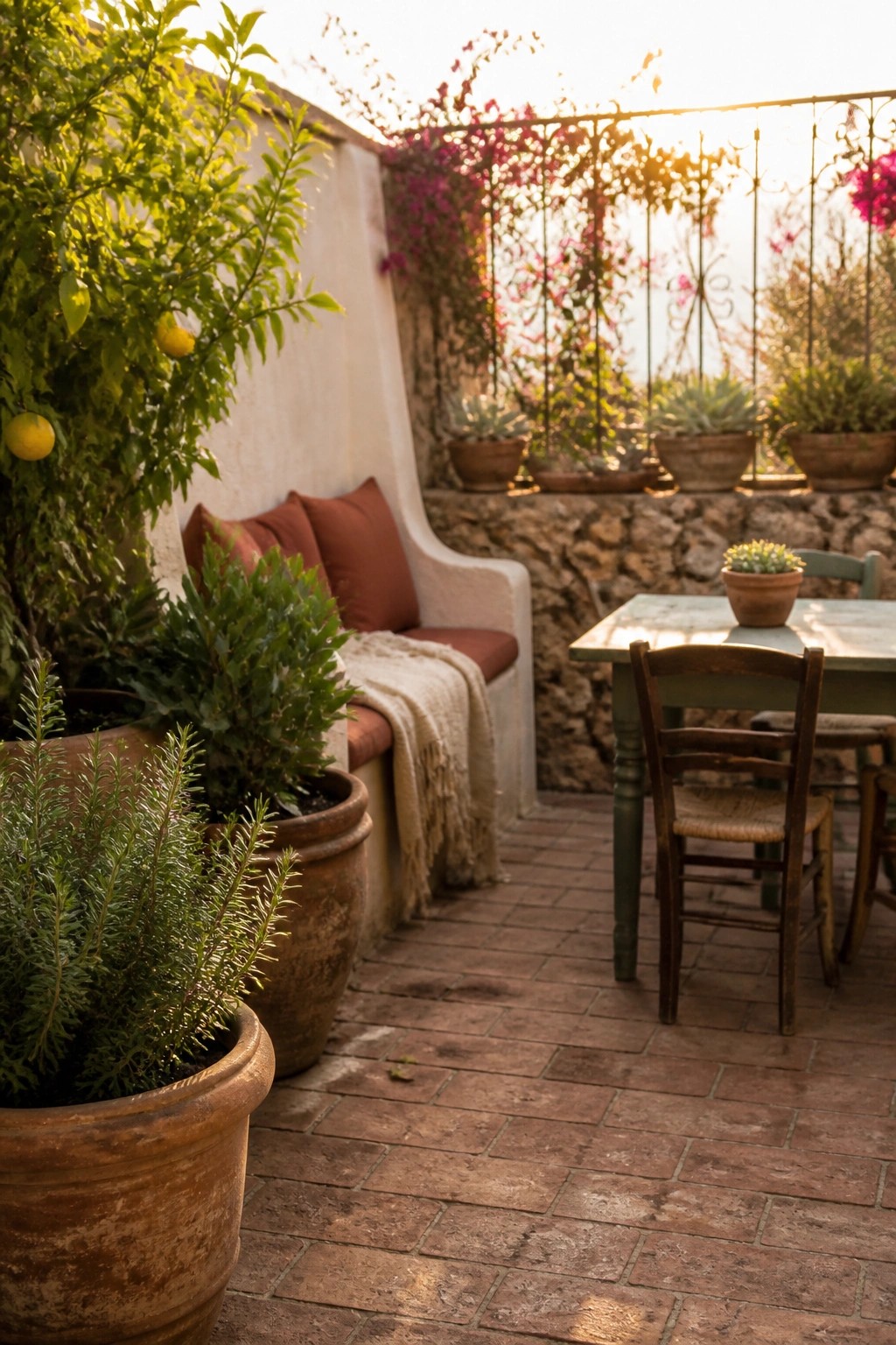 A small courtyard patio features a white built-in bench with rust-colored cushions and a beige throw, flanked by large terracotta pots of green plants, next to a wooden table and chairs on brick flooring.