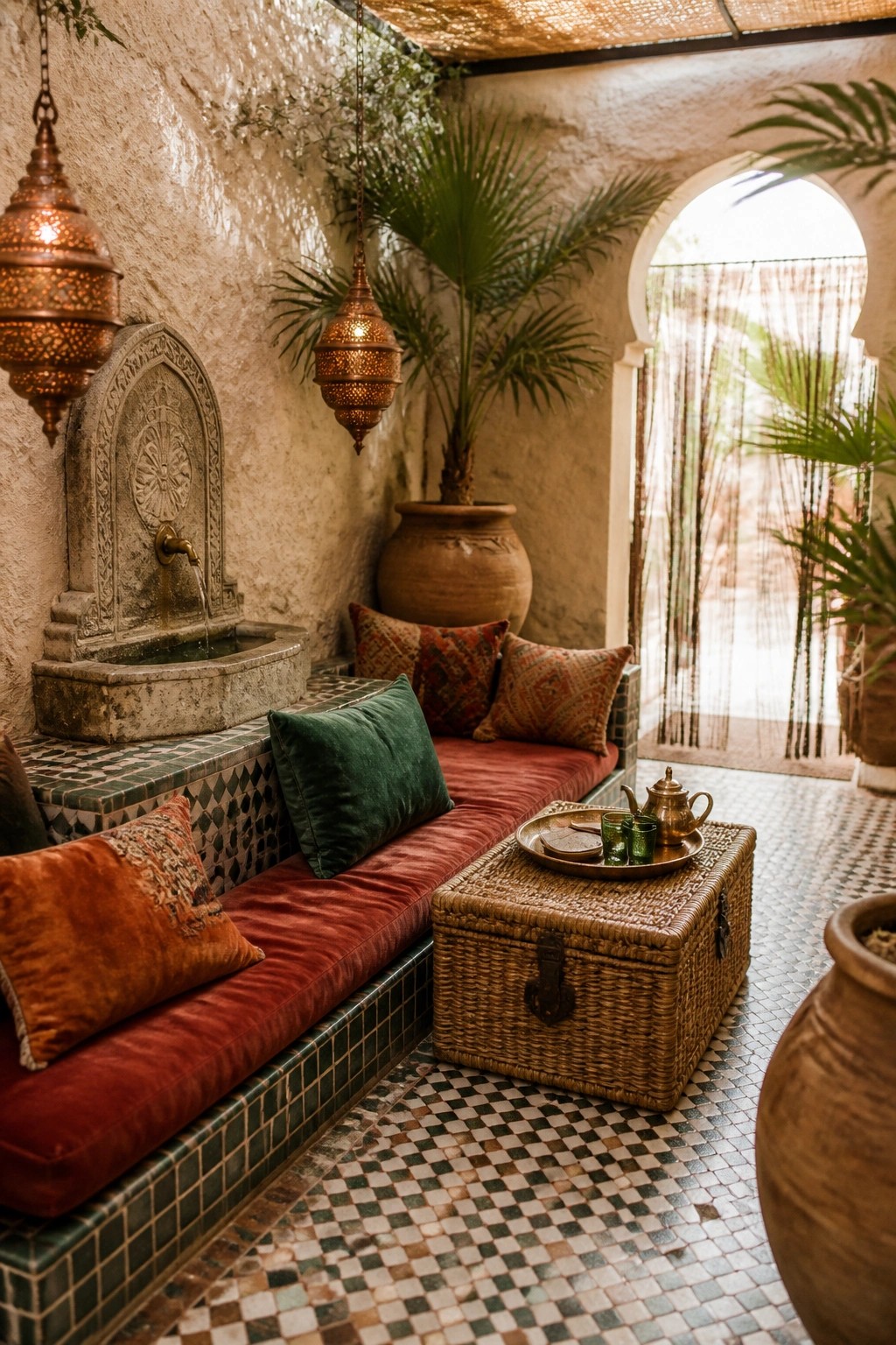 Moroccan patio with red cushioned bench, stone fountain, copper lanterns, and woven chest.