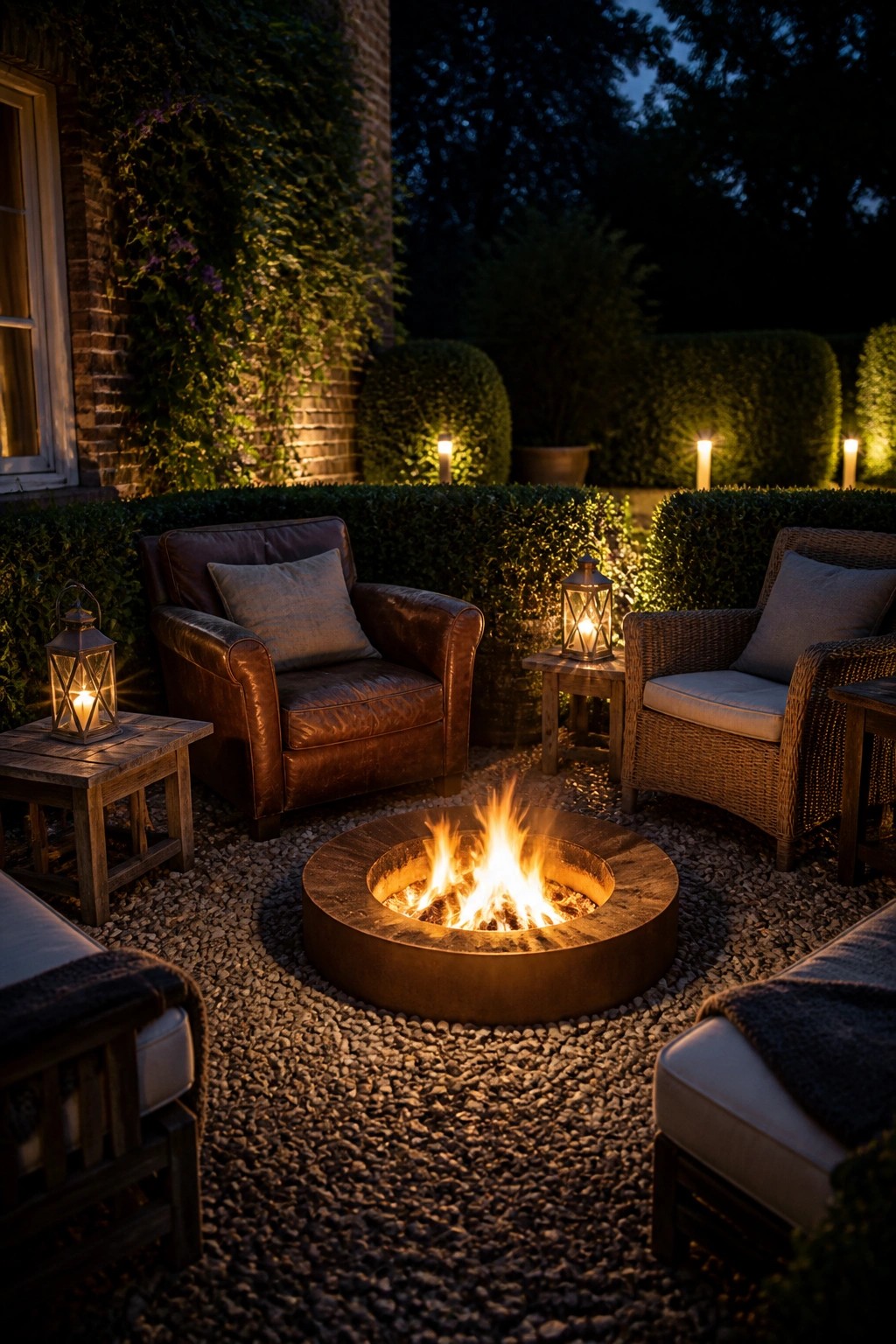A round metal fire pit with burning logs sits on gravel in a courtyard, surrounded by leather and wicker chairs, wooden side tables, and glowing lanterns with tall hedges in the background.