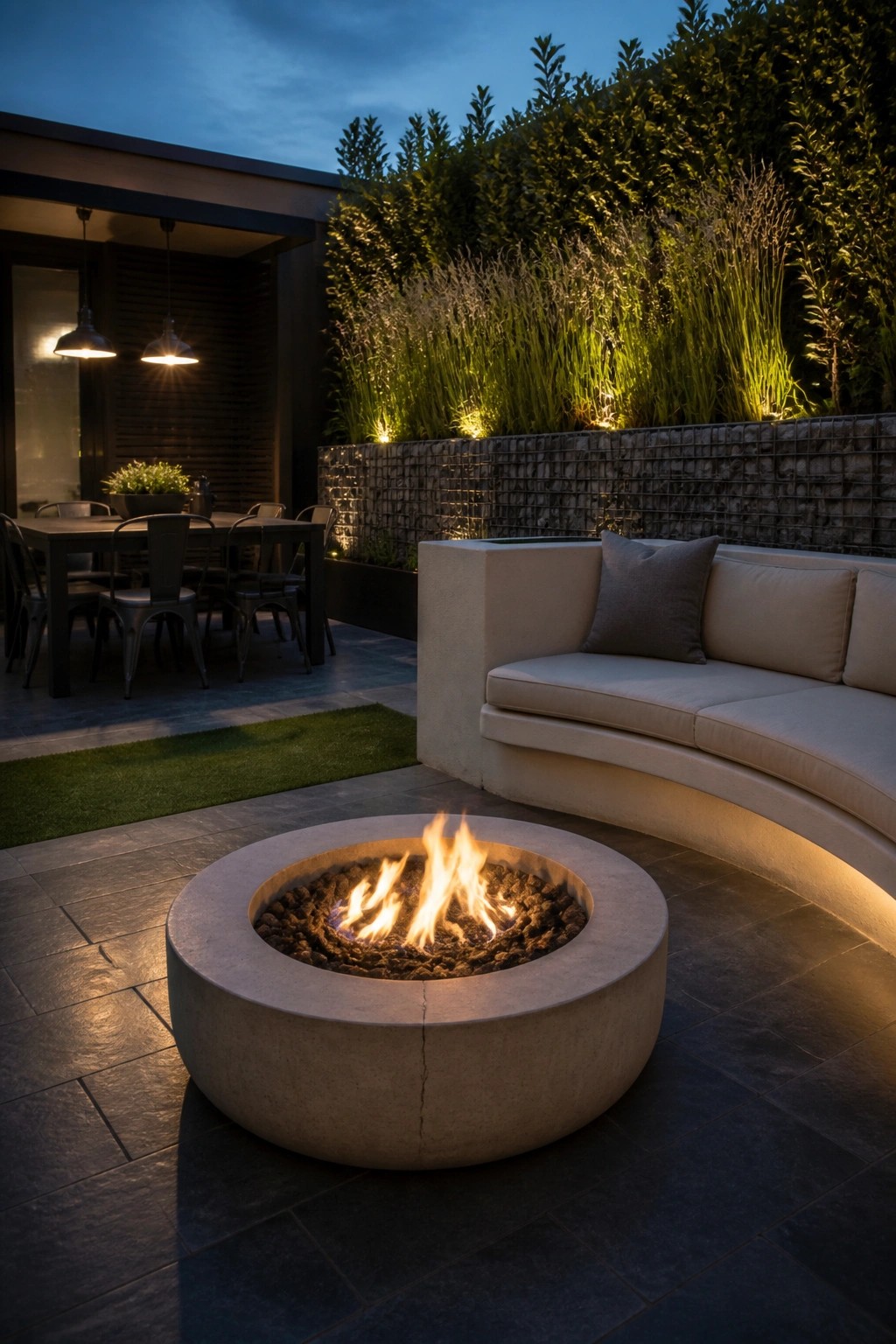 A round concrete fire pit with burning wood sits on a dark stone patio beside a large curved outdoor sofa, with a dining table and tall grasses lit against a stone wall in the background.