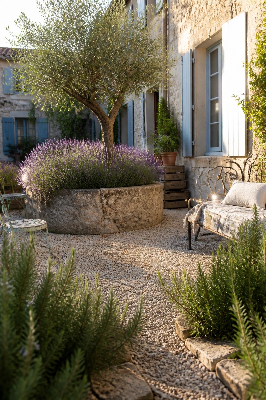 A gravel courtyard featuring a large circular stone planter with an olive tree and lavender, next to a stone building with a daybed and metal chairs.