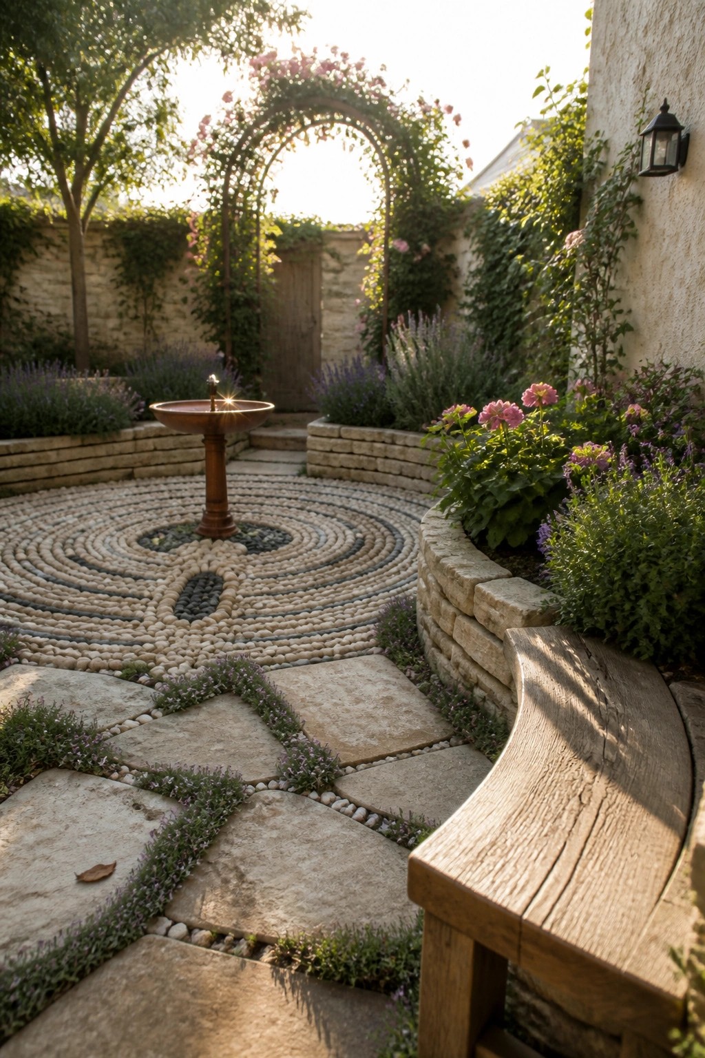 Sunlit stone garden courtyard with pebble mosaic patio, central fountain, rose arch, and bench