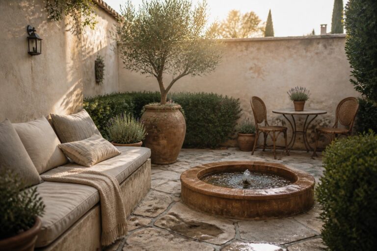 Sunlit stone courtyard with fountain, linen sofa, terracotta pots, and wicker seating.