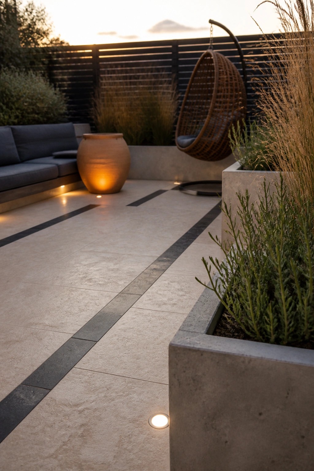 A small paved courtyard at dusk with a suspended woven chair, concrete planters holding tall grasses, a lit ceramic pot, and a dark horizontal fence.