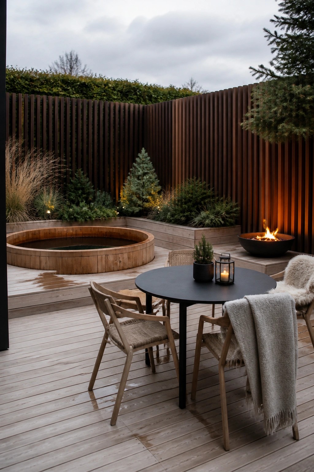 Outdoor wooden deck with round black table, woven chairs, fire pit, and hot tub