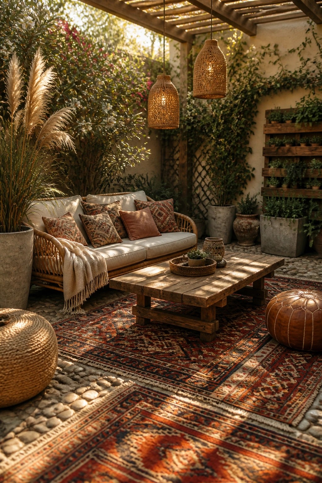 Cozy bohemian patio with wicker sofa, wooden table, patterned rugs, and hanging lanterns
