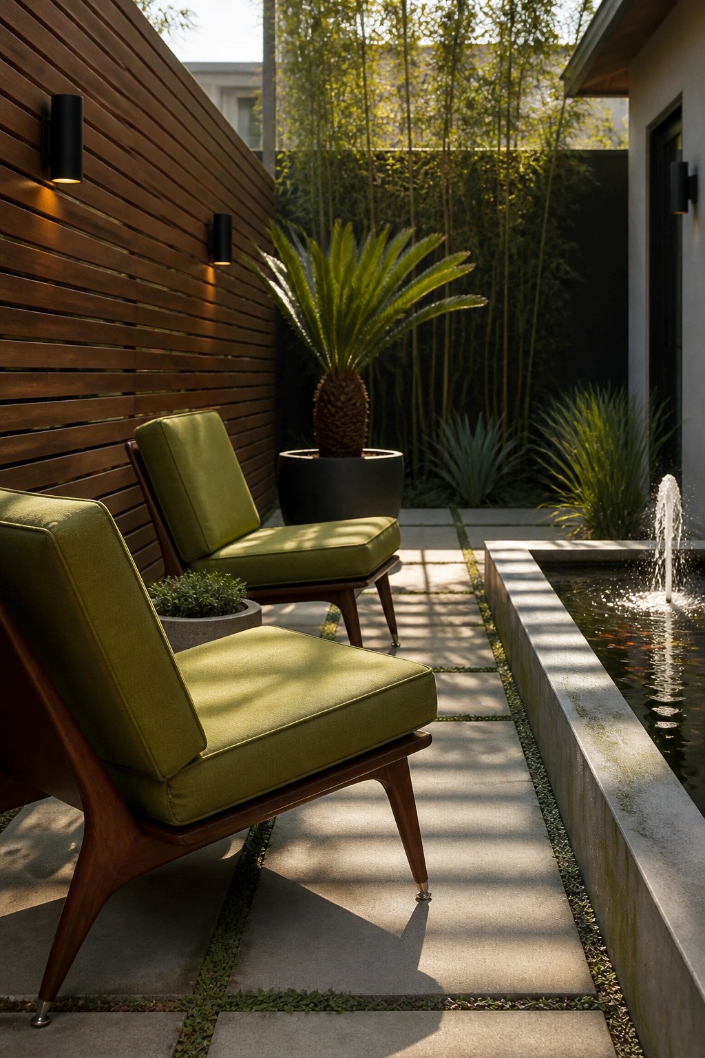 Two green upholstered chairs sit on a paved path beside a wooden wall in a small courtyard with a concrete pond and potted plants nearby.