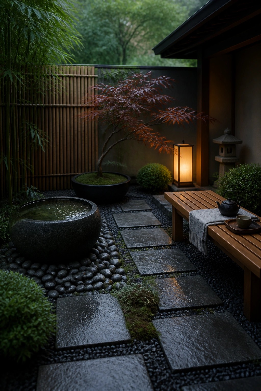 A small courtyard garden featuring rectangular dark stone pavers set in gravel, with bamboo fencing on the left, a potted Japanese maple, and a wooden bench on the right.