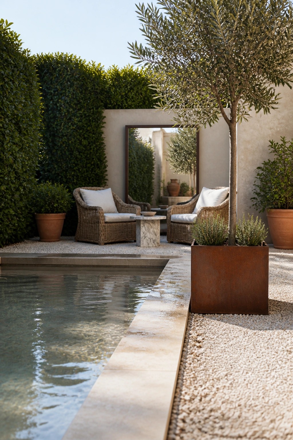 A small courtyard with a rectangular pool, two wicker armchairs with white cushions, a marble side table, and a tall dense hedge wall beside a large olive tree in a rusted metal planter.