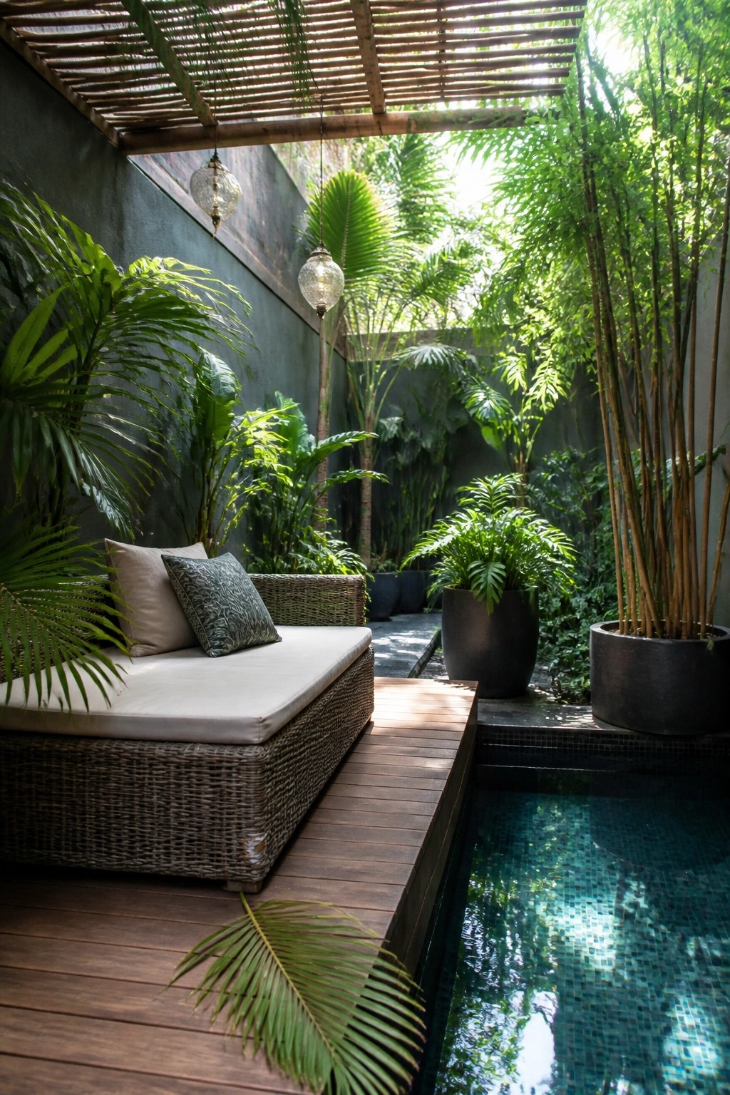 A small courtyard with a wicker daybed on a wooden deck beside a tiled pool, enclosed by tall green plants under a bamboo pergola.