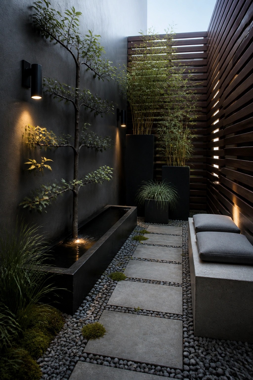 Modern courtyard with water feature, stone path, dark walls, and cushioned bench