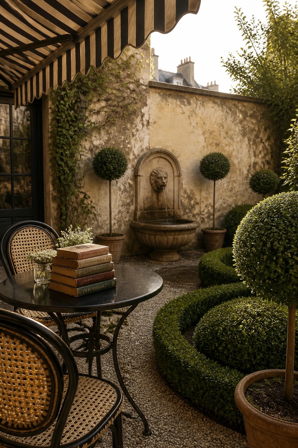 Patio with round table, stacked books, woven chairs, striped awning, and stone fountain