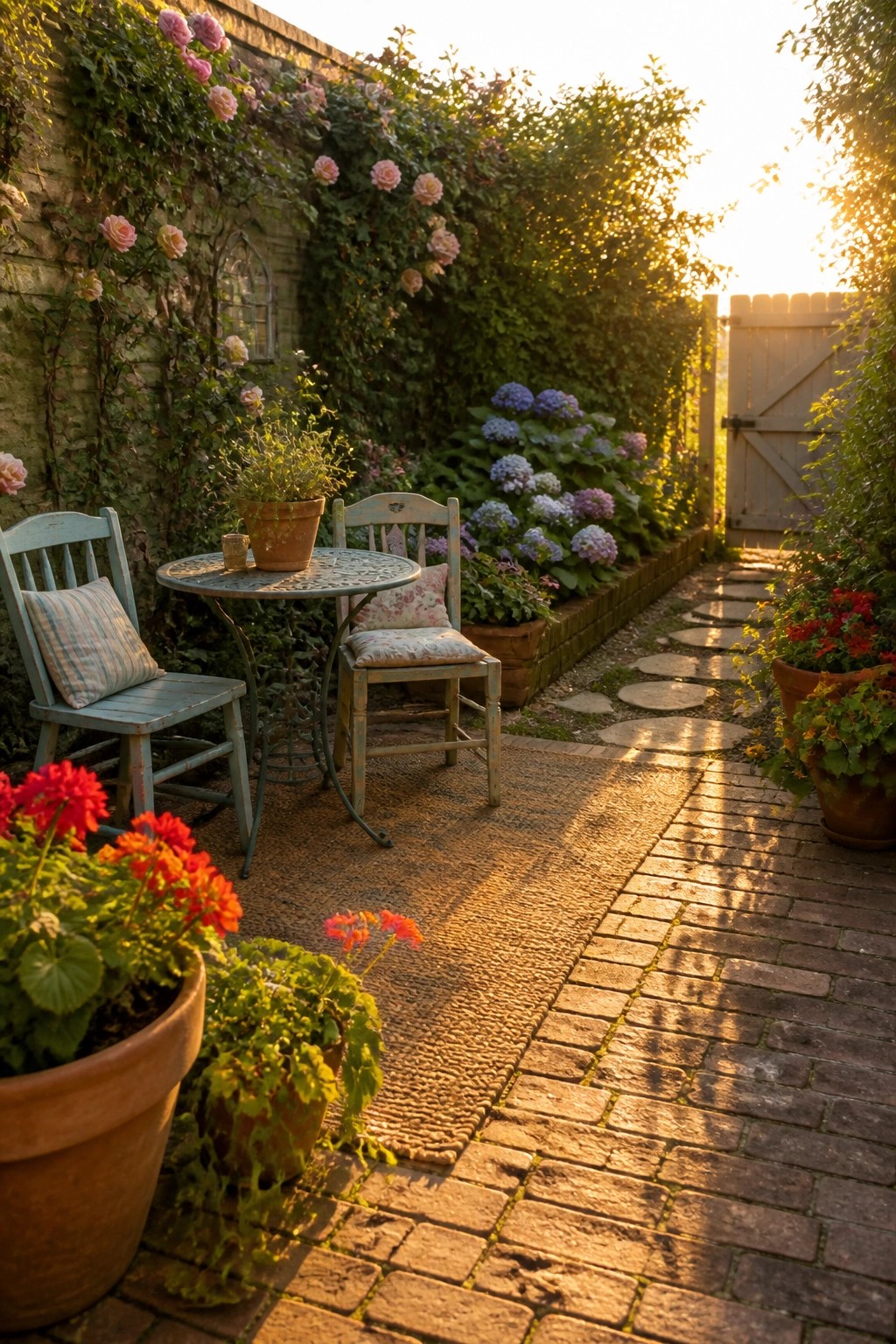 A brick courtyard with two weathered blue chairs and a small round table on a woven rug, surrounded by potted flowers and pink climbing roses covering the walls, with a stone path leading to a wooden gate.