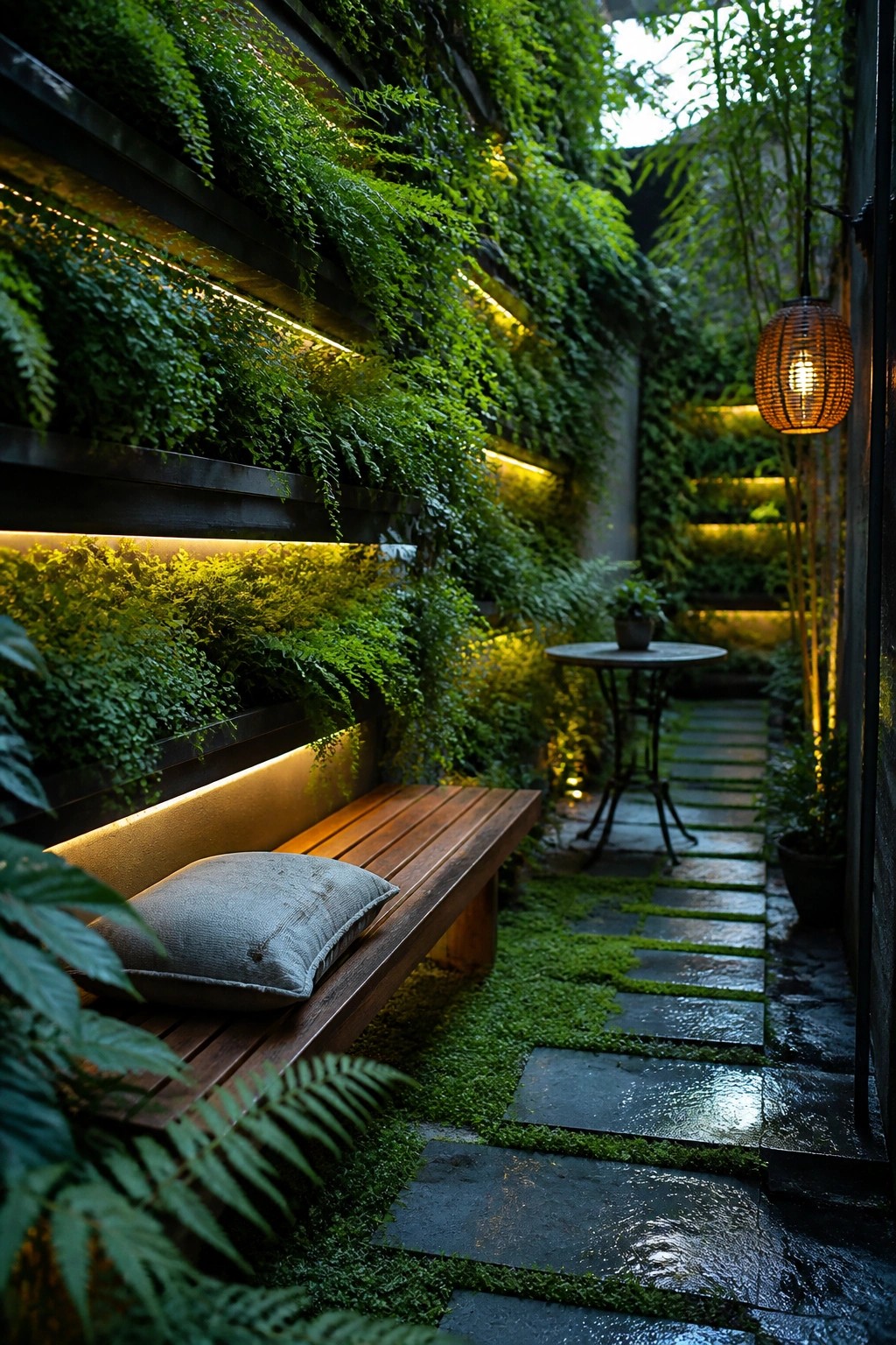 A wooden bench with a cushion sits against a multi-tiered wall covered in lush green ferns, next to a stone path and a small round table in a narrow courtyard garden.