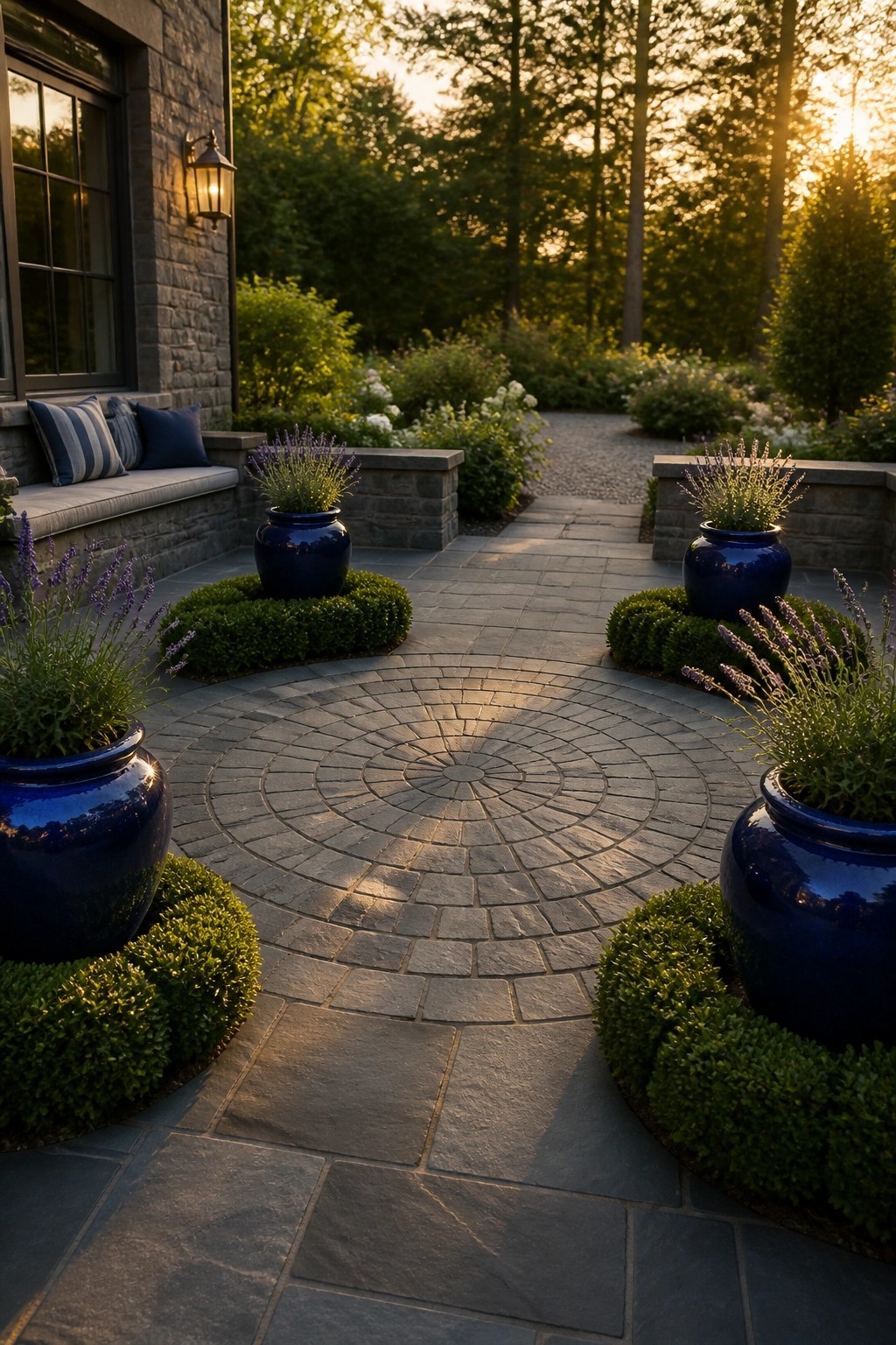 A stone patio featuring a large circular paver pattern with four blue ceramic pots planted with lavender and shrubs placed around the perimeter next to a stone house.