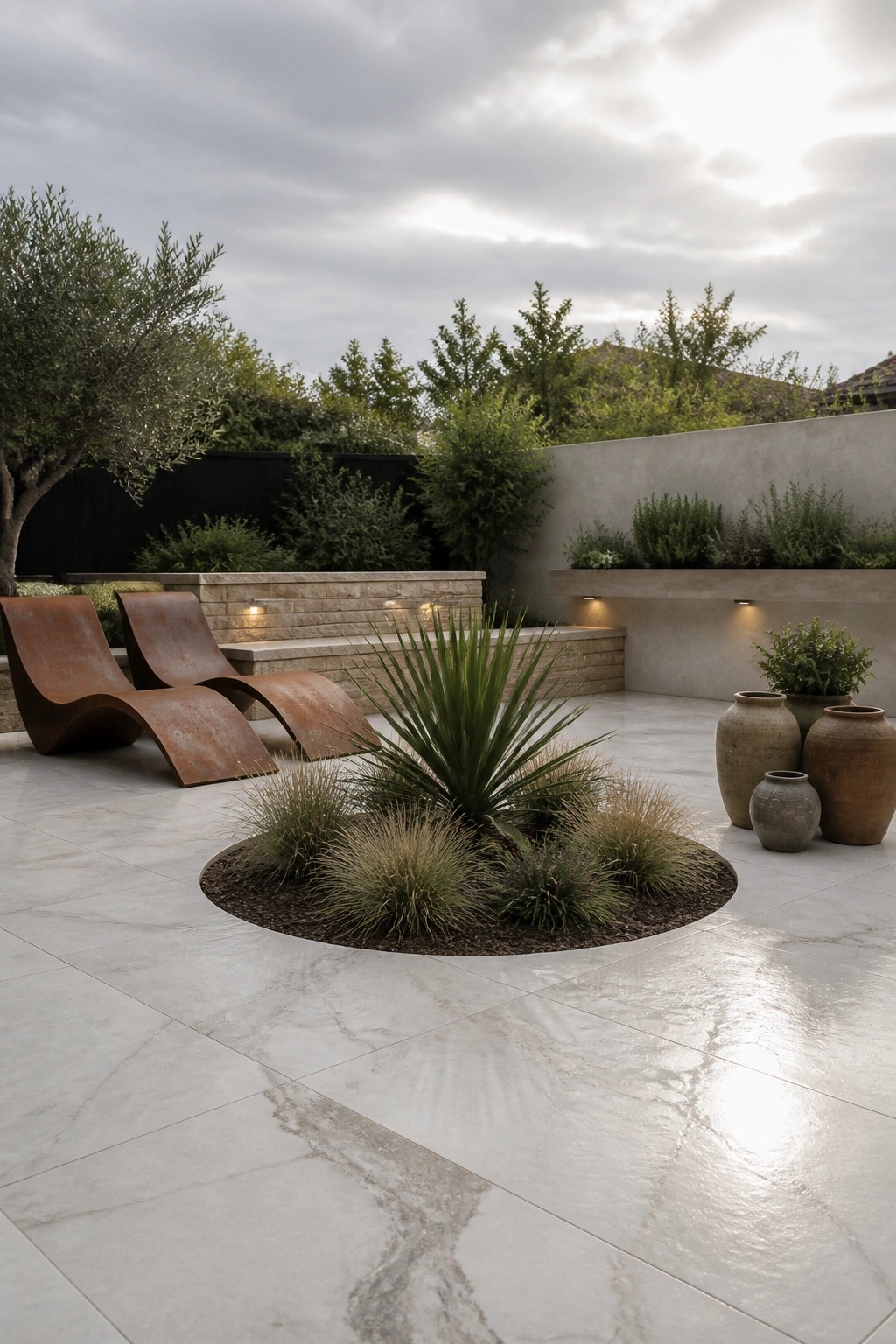 A patio with large light gray pavers featuring a circular planting bed filled with ornamental grasses and a spiky plant, two rusted metal lounge chairs to the left, and large ceramic pots placed against a concrete wall on the right.