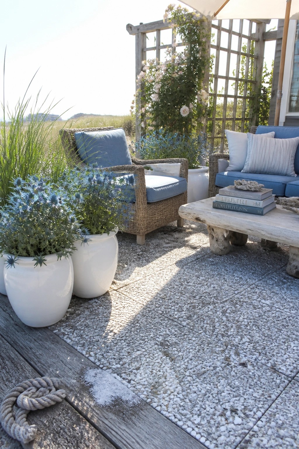 Sunny beachside patio with wicker chairs, blue cushions, white planters, and pebble floor